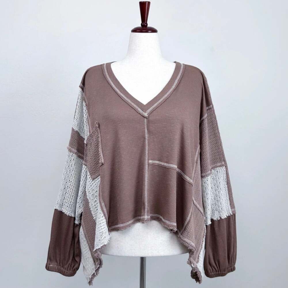 POL Bohemian Oversized Boxy Dolman Sleeve Brown Knit Texture V-Neck Top LARGE